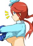  1girl bebebe_(pepegakii) blue_eyes blue_gloves blue_jacket bored breasts check_commentary clothes_lift commentary commentary_request cropped_jacket flower gloves hair_flower hair_ornament jacket large_breasts lifted_by_self looking_to_the_side notice_lines one_side_up pokemon pokemon_bw red_hair shirt_lift short_hair_with_long_locks sideways_glance sketch skyla_(pokemon) turtleneck turtleneck_jacket undressing upper_body 