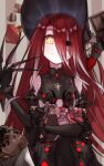  1girl armor armored_dress bag bare_shoulders black_armor black_dress black_eyes black_headwear bonnet box breasts chocolate claws closed_mouth dress fate/grand_order fate_(series) faulds food gauntlets gift gift_box hair_between_eyes heart-shaped_box heterochromia highres long_hair looking_at_viewer muffin red_hair small_breasts smile typhon_ephemeros_(fate) valentine very_long_hair yellow_eyes yubeshi_(zecxl) 