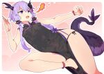  1girl :d black_panties breasts breathing_fire china_dress chinese_clothes clenched_hand covered_navel covered_nipples dragon_horns dragon_tail dress dutch_angle fire floral_print hair_ornament horns leg_up long_hair panties petenshi_(dr._vermilion) purple_eyes purple_hair side-tie_panties small_breasts smile solo tail underwear voiceroid yuzuki_yukari 