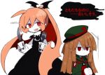  2girls ahoge beret black_dress brown_hair colored_skin dress drooling fork funamusea green_headwear green_sailor_collar green_shirt haiiro_teien hair_between_eyes hat head_wings holding holding_fork holding_knife kisaragi_kaya knife long_hair macarona_(haiiro_teien) multiple_girls neckerchief nervous_sweating own_hands_together partially_shaded_face pink_eyes pink_hair rawberry_preserves red_eyes red_neckerchief sailor_collar sharp_teeth shirt sidelocks simple_background sweat sweatdrop teeth translation_request upper_teeth_only white_background white_skin white_sleeves wings 