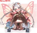  1girl ass blue_eyes blue_footwear blush boots braid brown_pantyhose butterfly_wings cameltoe capelet commission commissioner_upload fairy_wings fire_emblem fire_emblem_fates fire_emblem_heroes flower gradient_clothes hair_flower hair_ornament hair_vines hairband harutan_(ufnn8842) highres hugging_own_legs insect_wings long_hair looking_at_viewer low_twin_braids nina_(fire_emblem) nina_(resplendent)_(fire_emblem) official_alternate_costume panties pantyhose pantyshot pink_capelet pink_flower pink_panties pussy skeb_commission smell solo speech_bubble steaming_body sweat twin_braids underwear upskirt vine_harness vine_print white_flower white_hair wings 