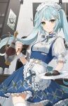  1girl absurdres alternate_costume apron aqua_hair blue_choker blue_dress blue_ribbon choker cjsdh1000 closed_mouth coffee_maker commentary_request cowboy_shot dress enmaided faruzan_(cafe)_(genshin_impact) faruzan_(genshin_impact) food frilled_apron frilled_skirt frilled_sleeves frills genshin_impact green_eyes hair_ornament highres holding holding_plate holding_teapot indoors kitchen long_hair looking_at_viewer maid maid_apron maid_headdress official_alternate_costume plate puffy_short_sleeves puffy_sleeves ribbon short_sleeves skirt smile solo teapot thighhighs triangle-shaped_pupils twintails white_apron white_thighhighs white_wrist_cuffs wrist_cuffs x_hair_ornament 
