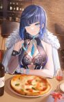  1girl alcohol asymmetrical_gloves black_gloves blue_hair blush bottle breasts closed_mouth cup diagonal_bangs food genshin_impact gloves green_eyes hand_up highres indoors large_breasts looking_at_viewer margherita_pizza mismatched_gloves mitsukayurie mole mole_on_breast pizza pov_across_table short_hair smile solo upper_body white_gloves wine yelan_(genshin_impact) 