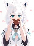  1girl ahoge animal_ear_fluff animal_ears aqua_eyes blue_neckerchief braid candy chocolate commentary_request covering_own_mouth detached_sleeves duosix_setsu0408 earrings food fox_ears fox_girl front_slit hair_between_eyes hands_up heart heart-shaped_chocolate heart_background highres holding holding_chocolate holding_food hololive hood hoodie jewelry light_blush long_hair long_sleeves looking_at_viewer neckerchief shirakami_fubuki shirakami_fubuki_(1st_costume) side_braid sidelocks single_earring solo straight-on valentine virtual_youtuber white_background white_hair white_hoodie white_sleeves wide_sleeves 