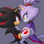  1boy 1girl animal_ears black_fur blaze_the_cat cat_ears cat_girl cat_tail chaos_emerald di-dash forehead_jewel fur-trimmed_gloves fur_trim furry furry_female furry_male gloves gold_necklace highres jacket jewelry necklace ponytail purple_fur purple_jacket red_eyes serious shadow_the_hedgehog simple_background sonic_(series) tail white_gloves yellow_eyes 