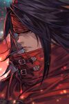  1boy belt_buckle black_hair buckle cloak closed_mouth embers final_fantasy final_fantasy_vii final_fantasy_vii_rebirth headband high_collar hungry_clicker long_hair male_focus portrait red_cloak red_eyes red_headband serious solo upper_body vincent_valentine 