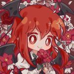  1girl arm_garter black_dress bright_pupils closed_mouth commission demon_wings dress flower head_wings holding holding_flower koakuma long_hair long_sleeves looking_at_viewer red_eyes red_flower red_hair red_rose ribbon rose shirt smile solo sparkle striped_ribbon suelement touhou twitter_username upper_body white_pupils white_shirt wings 