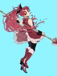  black_ribbon black_thighhighs blue_background boots crossed_ankles detached_sleeves dress food food_in_mouth frilled_dress frills from_behind full_body glint hair_ribbon highres holding holding_polearm holding_weapon hyamoo long_hair looking_back magical_girl mahou_shoujo_madoka_magica pocky pocky_in_mouth polearm ponytail red_dress red_eyes red_footwear red_hair ribbon sakura_kyoko thighhighs very_long_hair weapon weapon_behind_back 
