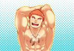  1boy ^_^ abs arms_on_head bara blush borrowed_clothes brown_hair closed_eyes facing_viewer feather_necklace jewelry male_focus muscular muscular_male necklace nipples nude pectoral_squeeze ragi_san_(ononokomachiimo) scar scar_on_cheek scar_on_face short_hair solo spiked_hair tamamura_gunzo thick_eyebrows tokyo_afterschool_summoners upper_body 
