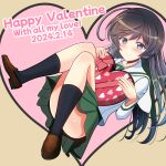  ahoge black_hair blush english_text gift girls_und_panzer happy_valentine highres holding holding_gift isuzu_hana kumaisao legs_up ooarai_school_uniform school_uniform smile 