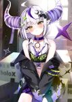 1girl absurdres ahoge bare_shoulders black_jacket blush breasts choker closed_mouth collared_shirt crop_top demon_horns earrings hair_ornament head_tilt highres hololive horns jacket jewelry la+_darknesss la+_darknesss_(3rd_costume) long_sleeves looking_at_viewer midriff miniskirt multicolored_hair navel off_shoulder open_clothes open_jacket pleated_skirt pointy_ears purple_choker purple_skirt shirt short_hair sitting skirt sleeveless sleeveless_shirt small_breasts solo stomach streaked_hair suspenders tate_yukimi v_arms virtual_youtuber white_hair white_shirt yellow_eyes 