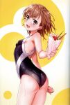  1girl absurdres ass bare_shoulders blush breasts brown_eyes brown_hair crepe food from_side hair_ornament highres holding holding_food isshi_pyuma looking_at_viewer misaka_mikoto one-piece_swimsuit open_mouth scan small_breasts solo swimsuit thighs toaru_kagaku_no_railgun toaru_majutsu_no_index 