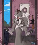 absurd_res anthro bed canid canine canis censored clothing duo furniture gun hi_res inside katxfish male mammal mirror naughty_face pawpads paws ranged_weapon tail tongue undressing weapon wolf