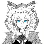  1girl animal_ear_hood black_souls blue_eyes closed_mouth eyes_visible_through_hair frown fur-trimmed_hood fur_trim hair_between_eyes highres hood hood_up koshou_shou_mitsu long_hair red_hood_(black_souls) simple_background solo split_mouth spot_color straight-on upper_body white_background 