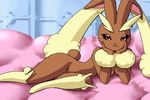  animal_ears bed blush bunny_ears furry g-sun lopunny lying pokemon sexy smile 