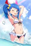 1girl armpits arms_behind_head arms_up ball beachball bikini blue_eyes blue_hair blue_sky bow breasts choker cloud cloudy_sky cowboy_shot cut_bangs day front-tie_bikini_top front-tie_top hair_bow highres hirogaru_sky!_precure holding holding_ball kaatsu_katsurou lens_flare long_hair looking_at_viewer medium_hair multi-strapped_bikini_bottom navel one_eye_closed open_mouth outdoors precure rainbow single_sidelock sky small_breasts smile solo sora_harewataru standing swimsuit thigh_strap wading water water_drop wet white_choker yellow_bow 