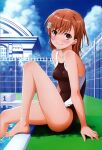  1girl absurdres arm_support bare_shoulders barefoot blue_sky breasts brown_eyes brown_hair closed_mouth cloud cloudy_sky feet hair_ornament highres isshi_pyuma knee_up legs looking_at_viewer medium_hair misaka_mikoto one-piece_swimsuit pool poolside scan sitting sky small_breasts smile solo swimsuit thighs toaru_kagaku_no_railgun toaru_majutsu_no_index toes water wet 