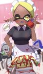 1boy 1other 2girls absurdres apron big_man_(splatoon) blonde_hair blue_hair blurry blurry_background bottle breasts colored_eyelashes commentary_request dark-skinned_female dark_skin english_text eyelashes food frye_(splatoon) hand_on_own_hip highres holding holding_bottle ketchup ketchup_bottle looking_at_viewer medium_hair meruradayo multiple_girls omelet omurice one_eye_closed open_mouth pointy_ears pov red_eyes sharp_teeth shiver_(splatoon) short_hair smile sparkle speech_bubble splatoon_(series) splatoon_3 stain star-shaped_pupils star_(symbol) symbol-shaped_pupils teeth tentacle_hair thick_eyebrows white_apron yellow_eyes yellow_pupils 