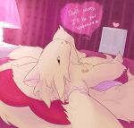 6_nipples 6_tails anthro bed bigender brown_body brown_fur dialogue female fur furniture genitals heart_pillow hi_res himerosthegod lamp looking_at_viewer lying lying_on_bed milk_and_honey_(himeros) multi_nipple multi_tail nipples on_bed pillow pussy ribbons solo tail