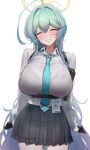  1girl absurdres ahoge black_gloves blue_archive blush breasts chest_harness closed_eyes collared_shirt gloves grey_skirt grin halo harness highres huge_breasts large_breasts long_hair long_sleeves monegi necktie shirt skirt smile solo very_long_hair white_shirt yume_(blue_archive) 