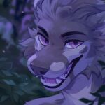 1:1 absurd_res ambiguous_gender anthro blurred_background bust_portrait canid cheek_tuft corzh77 facial_tuft fangs fur grey_body grey_fur head_tuft hi_res leaf looking_at_viewer mammal open_mouth open_smile outside pink_eyes pink_tongue plant portrait smile solo teeth tongue tree tuft white_body white_fur