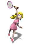  1girl 3d \||/ absurdres artist_request bare_arms blonde_hair blue_eyes breasts crown dress earrings full_body highres holding holding_tennis_racket jewelry lips long_hair looking_up mario_(series) mario_power_tennis mario_tennis medium_breasts official_alternate_costume official_alternate_hairstyle official_art ponytail princess_peach shadow shoes sneakers solo tennis_peach transparent_background 