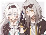  2girls :p \n/ black_gloves black_hairband black_jacket blue_eyes blue_pupils border closed_mouth collarbone eyewear_on_head firefly_(honkai:_star_rail) gloves grey_background grey_hair hair_between_eyes hair_intakes hairband hand_up hands_on_own_cheeks hands_on_own_face hive328 honeycomb_(pattern) honkai:_star_rail honkai_(series) hood hood_down hooded_jacket jacket long_hair looking_at_viewer multiple_girls off_shoulder orange_eyes outside_border shirt side-by-side sidelocks simple_background smile stelle_(honkai:_star_rail) straight-on sunglasses tongue tongue_out trailblazer_(honkai:_star_rail) twitter_username upper_body watermark white_border white_hair white_shirt 