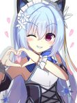  1girl alternate_costume animal_ears bare_shoulders blue_bow blue_hair blush bow cat_ears commentary drop_shadow enmaided fake_animal_ears frilled_wrist_cuffs frills grin hair_between_eyes hair_intakes hair_ornament hamidashi_creative hands_up heart heart_hands highres light_blue_hair long_hair looking_at_viewer maid maid_headdress mako_mako one_eye_closed red_eyes simple_background smile snowflake_hair_ornament solo upper_body v-shaped_eyebrows very_long_hair white_background white_wrist_cuffs wrist_cuffs yukige_shiki 