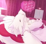 6_nipples 6_tails animal_genitalia anthro balls bed big_balls bigender dialogue fur furniture genitals heart_pillow hi_res himerosthegod lamp looking_at_viewer lying lying_on_bed male milk_and_honey_(himeros) multi_nipple multi_tail nipples on_bed pillow ribbons sheath solo tail white_body white_fur