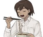  1boy brown_hair chopsticks closed_eyes collared_shirt dark-skinned_male dark_skin eating food hair_between_eyes holding holding_chopsticks kel_(faraway)_(omori) kel_(omori) long_sleeves noodles omori renshu_usodayo shirt short_hair simple_background white_background white_shirt 