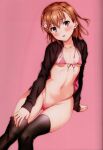  1girl absurdres blush bra breasts brown_eyes brown_hair collarbone hair_ornament highleg highleg_panties highres isshi_pyuma long_sleeves looking_at_viewer medium_hair misaka_mikoto navel open_clothes panties parted_lips pink_background scan small_breasts solo stomach thighhighs toaru_kagaku_no_railgun toaru_majutsu_no_index underwear 