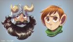  2boys beard brown_eyes brown_hair chilchuck_tims cropped_head dungeon_meshi dwarf facial_hair fake_horns helmet highres horned_helmet horns large_ears light_frown long_beard looking_at_viewer male_focus multiple_boys senshi_(dungeon_meshi) tareme thick_mustache very_long_beard yuramec 