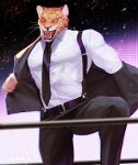  1boy animal_ears animal_head artist_name bara black_necktie highres jaguar_boy jaguar_ears king_(tekken) male_focus muscular muscular_male necktie simple_background smile solo suspenders taking_off tekken tekken_8 tiger_boy yanh_hyung 