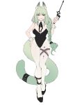  1girl :q alternate_costume animal_ear_fluff animal_ears arknights bare_shoulders black_bow black_footwear black_leotard black_ribbon bow breasts cat_ears cat_tail cleavage closed_mouth covered_navel detached_collar dot_nose goma_74umai green_eyes green_hair hair_between_eyes hair_bow hand_on_own_hip hand_up harmonie_(arknights) high_heels highleg highleg_leotard highres holding infection_monitor_(arknights) large_breasts large_tail legs_together leotard long_bangs long_hair looking_at_viewer low-braided_long_hair neck_ribbon pantyhose pom_pom_(clothes) ribbon shoes sidelocks smile solo strapless strapless_leotard tail tail_ornament tongue tongue_out wand white_background white_pantyhose wrist_cuffs 