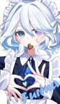  1girl absurdres alternate_costume apron ascot black_shirt blue_ascot blue_eyes blue_hair blue_nails blue_pupils blush brooch center_frills character_name chocolate collared_shirt dot_nose enmaided food_in_mouth frilled_shirt frills furina_(genshin_impact) genshin_impact hair_intakes heart heart_hands heterochromia highres jewelry looking_at_viewer maid maid_headdress medium_hair multicolored_hair nail_polish purple_eyes purple_pupils ritzchrono shirt solo streaked_hair upper_body white_apron white_hair 