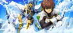  1boy arm_at_side artist_request blue_background blue_sky bodysuit brown_hair city clenched_hand closed_mouth cloud code_geass code_geass:_lost_stories day game_cg gem glint gloves gold_trim green_eyes hand_up highres kururugi_suzaku lancelot_(code_geass) leaning_forward looking_at_viewer male_focus mecha non-web_source official_art on_one_knee outdoors red_gemstone robot serious short_hair sidelocks sky solar_panel solo v-shaped_eyebrows white_bodysuit white_gloves wind 