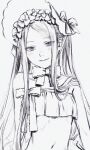  1girl abigail_williams_(fate) abigail_williams_(swimsuit_foreigner)_(fate) bare_arms blue_eyes bonnet bow bow_swimsuit bowtie closed_mouth fate/grand_order fate_(series) flower_wreath greyscale head_wreath highres long_hair looking_at_viewer machihazure monochrome navel sidelocks sketch smile solo spot_color swimsuit upper_body 