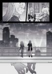  2girls :d absurdres building city cloud firefly_(honkai:_star_rail) flashback gloves greyscale hair_between_eyes hair_intakes hairband highres hive328 honkai:_star_rail honkai_(series) jacket long_hair monochrome multiple_girls multiple_views neckerchief off-shoulder_jacket off_shoulder one_eye_closed open_clothes open_jacket open_mouth outdoors pinky_swear profile railing side-by-side sidelocks smile spotlight stelle_(honkai:_star_rail) thighhighs trailblazer_(honkai:_star_rail) yuri 