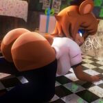 absurd_res anthro bear big_butt blue_eyes brown_hair butt checkered_floor clothed clothing female five_nights_at_freddy&#039;s freddy_(fnaf) fredina&#039;s_nightclub fredina_(cally3d) hair hat headgear headwear hi_res mammal partially_clothed scottgames shirt skxx_elliot solo topwear white_clothing white_shirt white_topwear