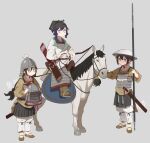  3girls armor black_hair boots bow_(weapon) breastplate brown_footwear brown_shirt chinese_armor chinese_empire coat conical_hat fangdan_runiu grey_background helmet holding holding_polearm holding_reins holding_weapon jitome lamellar_armor multiple_girls original pants pleated_skirt polearm quiver reins saddle sandals sheath sheathed shirt simple_background skirt song_dynasty stirrups_(riding) sword watermark weapon white_coat white_horse white_pants 