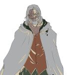  1boy beard buttons cape cowboy_shot facial_hair glasses hand_in_pocket highres hood hooded_cape male_focus medium_hair mustache one_eye_closed one_piece orange_shirt scar scar_across_eye shirt silvers_rayleigh simple_background smile solo ufkqz white_background white_hair 