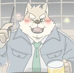 2024 alcohol anthro beer beverage biped blush canid canine canis clothing domestic_dog fugashi4090 kemono male mammal necktie one_eye_closed shirt slightly_chubby solo topwear wink
