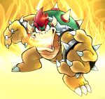  1boy bowser bracelet breathing_fire claws fangs fire full_body glowing glowing_eyes highres horns jewelry looking_at_viewer male_focus mario_(series) maxoke open_mouth red_hair signature solo spiked_bracelet spikes turtle_shell 