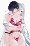  2girls absurdres alternate_costume bare_shoulders black_panties blue_eyes blue_hair blush bra breasts closed_mouth collarbone commentary_request cowboy_shot genshin_impact green_eyes grey_hair heart heart_necklace highres hug jewelry large_breasts lipstick_mark long_hair looking_at_another multiple_girls navel necklace off_shoulder one_eye_closed paid_reward_available panties qiandaiyiyu red_bra red_garter_belt red_garter_straps red_panties shenhe_(genshin_impact) shirt short_hair simple_background smile thighs underwear white_background white_shirt yelan_(genshin_impact) yuri 