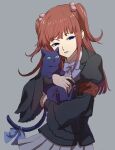  1girl animal armband black_cat blue_eyes blunt_bangs bow cat closed_mouth collared_shirt empty_eyes frederica_bernkastel frederica_bernkastel_(cat) frilled_sleeves frills green_eyes grey_background hair_bobbles hair_ornament highres holding holding_animal holding_cat jacket long_hair long_sleeves looking_at_viewer nasu_(nasuotabe) pleated_skirt puffy_long_sleeves puffy_sleeves red_hair shirt sidelocks simple_background skirt tail tail_bow tail_ornament two_side_up umineko_no_naku_koro_ni ushiromiya_ange white_skirt witch 