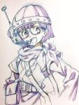  1girl bag belt chrono_trigger glasses greyscale helmet looking_at_viewer lucca_ashtear monochrome motoko_(taom) open_mouth satchel scarf short_hair simple_background smile solo white_background 