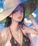  1girl bad_id bad_twitter_id bikini blue_eyes bracelet cloud commentary_request eyewear_on_head hat jewelry long_hair looking_to_the_side necklace nico_robin one_piece sky sleep_humubo solo swimsuit upper_body water 