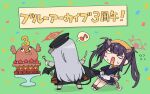  2girls apron black_dress black_hair black_tail black_wings blue_archive blush_stickers demon_horns demon_tail demon_wings dress eighth_note fake_wings flying_sweatdrops fork fuuka_(blue_archive) grey_hair grey_horns halo haruna_(blue_archive) head_scarf hei_(heiyohei) holding holding_fork holding_knife horns knife long_hair long_sleeves multiple_girls musical_note open_mouth orange_headwear peroro_(blue_archive) red_halo single_wing spoken_musical_note tail twintails white_apron wings 