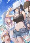  4girls absurdres atsuko_(blue_archive) bare_shoulders baseball_cap bikini bikini_under_clothes black_hair blue_archive blush breasts brown_hair character_request check_character cleavage closed_eyes eyewear_on_head frilled_bikini frills green_hair hair_ornament hairclip halo hat highres hiyori_(blue_archive) hiyori_(swimsuit)_(blue_archive) large_breasts looking_at_another looking_at_viewer misaki_(blue_archive) multicolored_hair multiple_girls navel netural partially_submerged pink_hair ponytail print_bikini saori_(blue_archive) short_shorts shorts side_ponytail smile stomach sun_hat swimsuit two-tone_hair white_bikini 