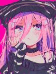  1girl aubrey_(faraway)_(omori) aubrey_(omori) black_collar black_headwear black_sweater blue_eyes blush closed_mouth collar collarbone hair_between_eyes hand_on_own_face hat highres long_hair long_sleeves looking_to_the_side off_shoulder omori pink_background pink_hair sleeves_past_wrists solo striped_sleeves sweater v-shaped_eyebrows yuyuyu_m5 